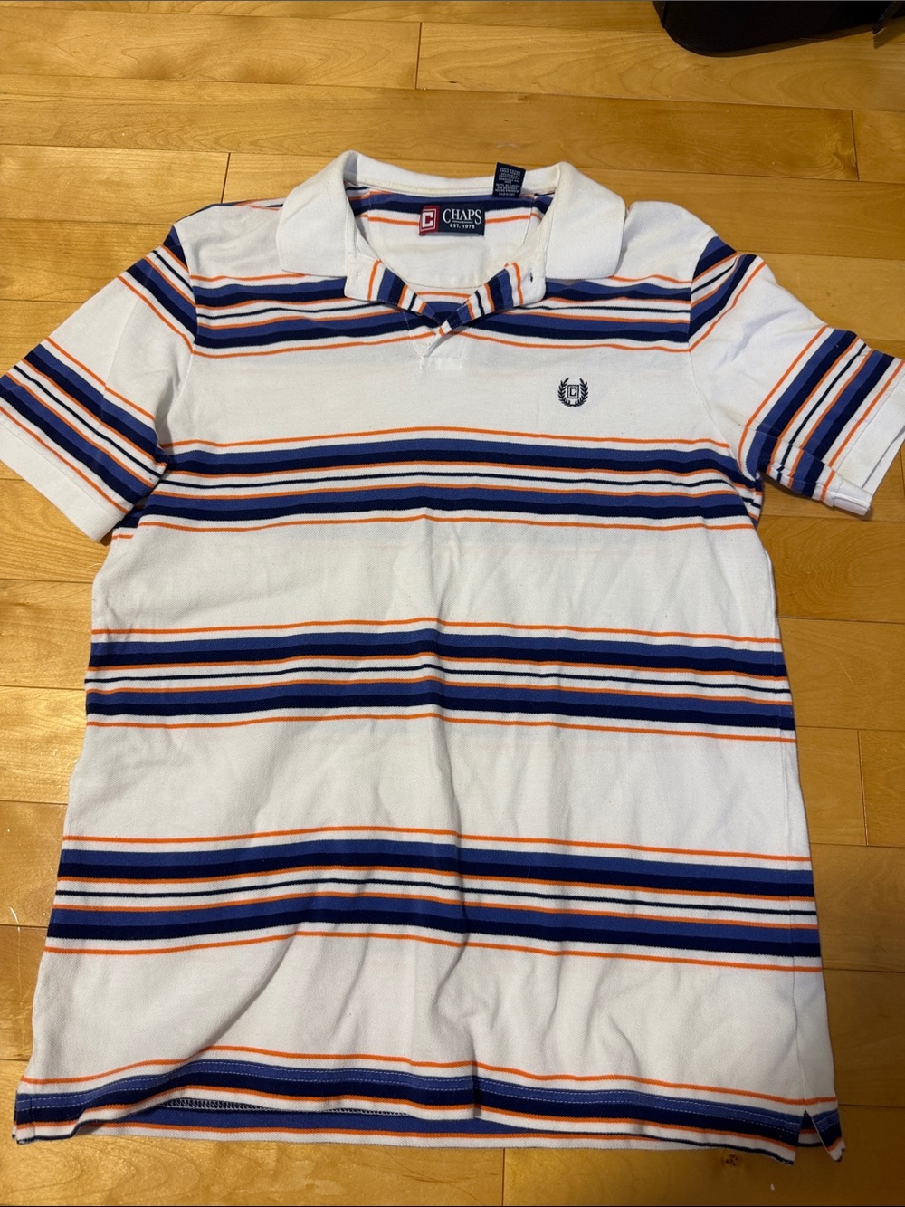 Chaps White Polo Shirt with Navy & Orange Stripes